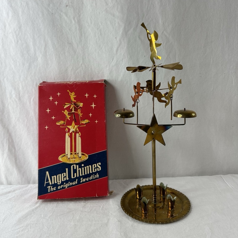 Vintage Swedish Angel Chimes Brass Christmas Candle Holder Original Box Sweden